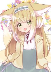 Rule 34 | 1girl, :d, absurdres, animal ears, arknights, blonde hair, blue hairband, blush, commentary request, floral background, flower, fox ears, fox girl, fox tail, frilled hairband, frills, green eyes, grey skirt, hairband, high-waist skirt, highres, jacket, long sleeves, looking at viewer, multicolored hair, neck ribbon, open clothes, open jacket, open mouth, pink flower, puffy long sleeves, puffy sleeves, purple flower, red ribbon, ribbon, shirt, simple background, skirt, skirt hold, sleeves past wrists, smile, solo, suzuran (arknights), suzuran (spring praise) (arknights), tail, two-tone hair, white background, white flower, white hair, white shirt, yellow flower, yellow jacket, yokuto
