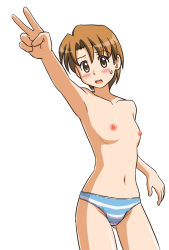 Rule 34 | 1girl, blush, breasts, brown eyes, brown hair, flat chest, fujimoto atsuko, lielos, navel, nipples, no bra, no pants, non-web source, open mouth, original, panties, short hair, solo, source request, striped clothes, striped panties, sweatdrop, underwear, underwear only