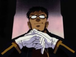 Rule 34 | 1boy, beard, facial hair, gendou pose, glasses, own hands clasped, ikari gendou, lowres, male focus, neon genesis evangelion, opaque glasses, own hands together, solo, steepled fingers