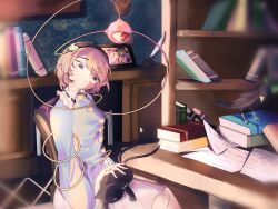 Rule 34 | 1girl, bird, black hairband, blue shirt, blurry vision, book, bookshelf, cat, chair, commentary, feathers, hairband, heart, highres, im mo, indoors, kaenbyou rin, kaenbyou rin (cat), komeiji koishi, komeiji satori, long sleeves, paper, pink eyes, pink hair, pink skirt, reiuji utsuho, reiuji utsuho (bird), shirt, short hair, sitting, skirt, table, third eye, touhou