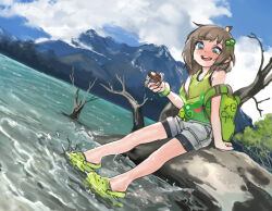 Rule 34 | 1girl, :d, arm support, backpack, bag, bare shoulders, cloud, crocs, dutch angle, freckles, girutea, green footwear, green shirt, hair ornament, hairclip, holding, indie virtual youtuber, lake, lily hopkins, mountain, nature, open mouth, outdoors, photo-referenced, shirt, shorts, sitting, sky, sleeveless, sleeveless shirt, smile, solo, virtual youtuber, water