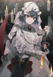 Rule 34 | 1girl, absurdres, alternate costume, bat wings, black bow, blue hair, bow, brooch, candle, candlestand, daimaou ruaeru, dress, gothic lolita, hat, hat bow, highres, holding, holding lantern, jewelry, lantern, lolita fashion, long sleeves, looking at viewer, red eyes, remilia scarlet, short hair, solo, standing, touhou, white dress, white hat, wings