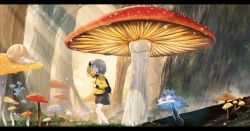 Rule 34 | 1girl, animal, black skirt, blue eyes, blush, fly agaric, from side, highres, hoshimiya aki, letterboxed, looking away, md5 mismatch, mini person, minigirl, mushroom, original, outdoors, pencil skirt, resolution mismatch, revision, short hair, silver hair, skirt, snail, socks, solo, source smaller, tree, water drop