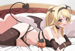 Rule 34 | 1girl, :d, ahoge, bangle, bed sheet, bikini, black bikini, black choker, black hairband, black thighhighs, blonde hair, blue eyes, blush, bracelet, breasts, bridal gauntlets, choker, cleavage, collarbone, commentary request, condom, condom wrapper, demon tail, hachimiya meguru, hairband, halloween bucket, head wings, heart, heart o-ring, heart-shaped pillow, idolmaster, idolmaster shiny colors, jewelry, large breasts, long hair, looking at viewer, o-ring, on bed, open mouth, pillow, ponytail, skindentation, smile, solo, swept bangs, swimsuit, tail, thighhighs, twisted torso, wings, za yu a