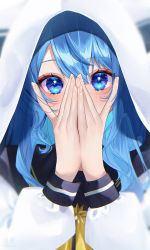 Rule 34 | 1girl, absurdres, blue eyes, blue hair, blush, covering face, embarrassed, eye focus, hands on own face, highres, hololive, hood, hoshimachi suisei, hoshimachi suisei (school uniform), long hair, looking at viewer, official alternate costume, peeking through fingers, solo, star (symbol), star in eye, symbol in eye, virtual youtuber, yuuyu (moco20111115)
