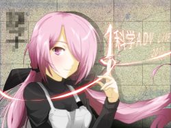 Rule 34 | 1girl, absurdres, bibi (coffe), black ribbon, chaos;child, closed mouth, hair over one eye, highres, light smile, looking at viewer, minamisawa senri, pink eyes, pink hair, ribbon, solo, twintails