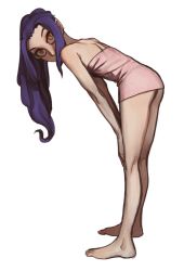 Rule 34 | 1girl, bare arms, bare legs, bare shoulders, barefoot, bent over, from side, highres, long hair, looking at viewer, looking to the side, mossacannibalis, naked towel, orange eyes, original, purple hair, simple background, slit pupils, solo, towel, white background