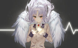 Rule 34 | 1girl, absurdres, angel, angel beats!, angel wings, black background, blush, collared shirt, commentary request, eyelashes, feathered wings, floating hair, glowing heart, hair between eyes, hands up, heart, highres, jacket, long hair, long sleeves, looking down, neck ribbon, parted bangs, parted lips, ribbon, school uniform, shirt, short ponytail, sidelocks, simple background, solo, sty, tenshi (angel beats!), upper body, white hair, white shirt, wings, yellow eyes, yellow jacket, yellow ribbon