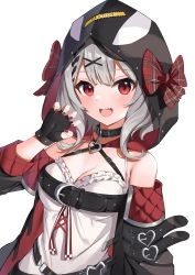 Rule 34 | 1girl, :d, animal hood, bare shoulders, belt, black choker, black gloves, black jacket, breasts, camisole, choker, cleavage, fang, fingerless gloves, frilled shirt, frills, gloves, grey hair, hair ornament, halterneck, hand up, hololive, hood, jacket, looking at viewer, medium breasts, nail polish, noboru (kamine204136), off shoulder, open clothes, open jacket, open mouth, orca hood, red eyes, red nails, sakamata chloe, sakamata chloe (1st costume), shirt, short hair, simple background, sleeveless, sleeveless shirt, smile, solo, spaghetti strap, upper body, virtual youtuber, white background, white shirt, x hair ornament