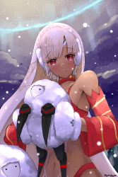 Rule 34 | 1girl, agino, altera (fate), altera the santa (fate), animal, armpits, bare shoulders, blush, choker, closed mouth, cloud, collarbone, dark-skinned female, dark skin, detached sleeves, earmuffs, fate/grand order, fate (series), feet out of frame, full-body tattoo, gloves, headdress, highres, holding, holding animal, looking at viewer, midriff, navel, night, night sky, red eyes, sheep, short hair, sky, snowing, solo, tagme, tan, tattoo, white hair