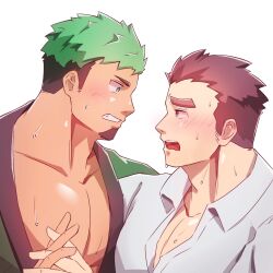 Rule 34 | 2boys, adam&#039;s apple, bara, black hair, blush, couple, dark-skinned male, dark skin, eye contact, facial hair, from side, furrowed brow, goatee, green hair, highres, holding hands, ikusaba daisuke, interlocked fingers, large pectorals, looking at another, male focus, medium sideburns, multicolored hair, multiple boys, muscular, muscular male, official alternate costume, pectoral cleavage, pectorals, poteto02888292, protagonist 3 (housamo), short hair, sideburns stubble, stubble, tokyo houkago summoners, two-tone hair, yaoi