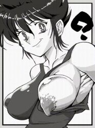 Rule 34 | 1girl, ?, animated, animated gif, artist request, bouncing breasts, breasts, honoo no toukyuuji: dodge danpei, ichigeki haruka, large breasts, looking at viewer, mature female, medium hair, monochrome, nipples, one-piece swimsuit, one breast out, shiny skin, smile, swimsuit