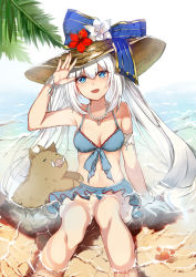 Rule 34 | 1girl, :d, absurdres, bad id, bad pixiv id, bikini, bikini skirt, blue eyes, boar, crab, fate/grand order, fate (series), hat, highres, jewelry, marie antoinette (fate), marie antoinette (fate/grand order), marie antoinette (swimsuit caster) (fate), marie antoinette (swimsuit caster) (third ascension) (fate), midriff, nagatsuki take, navel, necklace, open mouth, partially submerged, pearl necklace, ribbon, silver hair, sitting, smile, solo, sun hat, swimsuit, tusks, twintails, water