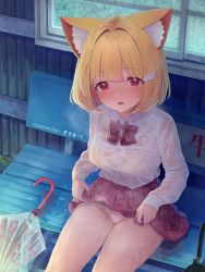 Rule 34 | 1girl, absurdres, animal ear fluff, animal ears, artist name, bench, blonde hair, blush, bow, bowtie, bra, breasts, cat ears, cat girl, closed umbrella, highres, kemomimi refle!, kuyukian3, long sleeves, medium breasts, nekoma karin, panties, parted lips, pink eyes, plaid, plaid skirt, red bow, red bowtie, second-party source, see-through, shirt, short hair, sitting, skirt, solo, umbrella, underwear, virtual youtuber, wet, wet clothes, wet shirt, white bra, white panties, window, wing hair ornament