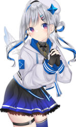 Rule 34 | 1girl, absurdres, amane kanata, amane kanata (work), angel wings, belt, beret, black dress, black gloves, blue belt, blue dress, blue hair, blue thighhighs, blue wings, blush, colored inner hair, commentary, cowboy shot, dress, feathered wings, gloves, gradient dress, gradient wings, hair ornament, hair rings, hairclip, hat, highres, hololive, interlocked fingers, jacket, jewelry, leaning forward, long hair, long sleeves, looking at viewer, low twintails, mini wings, moemoepiano, multicolored hair, multicolored wings, necklace, own hands clasped, own hands together, partially fingerless gloves, pleated dress, puffy long sleeves, puffy sleeves, purple eyes, short dress, silver hair, simple background, single hair intake, single thighhigh, skindentation, solo, star (symbol), star necklace, swept bangs, thigh strap, thighhighs, twintails, virtual youtuber, white background, white hat, white jacket, white wings, wings