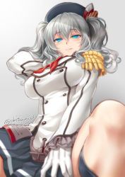 Rule 34 | 10s, 1girl, between legs, blue eyes, blurry, breasts, depth of field, epaulettes, female focus, gloves, half-closed eyes, hand between legs, hat, heart, heart-shaped pupils, highres, kantai collection, kashima (kancolle), large breasts, licking lips, long sleeves, looking at viewer, military, military uniform, miniskirt, naughty face, okitakung, signature, silver hair, skirt, smile, solo, spread legs, symbol-shaped pupils, tongue, tongue out, twintails, twitter username, uniform, white gloves