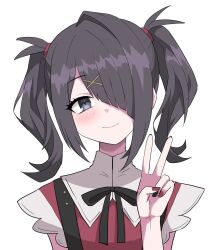 Rule 34 | 1girl, ame-chan (needy girl overdose), black eyes, black hair, black nails, black ribbon, closed mouth, collar, collared shirt, commentary, hair ornament, hair over one eye, hair tie, hairclip, halulu, hand up, highres, long hair, looking at viewer, multicolored nails, neck ribbon, needy girl overdose, red nails, red shirt, ribbon, shirt, simple background, smile, solo, suspenders, twintails, upper body, v, white background, white collar, x hair ornament