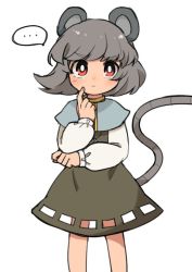 Rule 34 | ..., 1girl, animal ears, bad id, bad twitter id, capelet, character cutout, cowboy shot, dress, grey dress, grey hair, jewelry, long sleeves, looking at viewer, mouse ears, mouse tail, nazrin, pendant, red eyes, sasa kichi, short hair, simple background, solo, spoken ellipsis, tail, touhou, white background