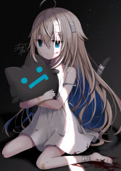 Rule 34 | 1girl, ahoge, bandaged head, bandaged leg, bandaged tail, bandages, bandaid, bandaid on arm, bandaid on knee, bandaid on leg, bare arms, bare shoulders, barefoot, blue eyes, cat tail, commentary request, copyright request, dress, hair between eyes, indie virtual youtuber, light brown hair, long hair, hugging object, signature, sitting, sleeveless, sleeveless dress, solo, strap slip, stuffed animal, stuffed cat, stuffed toy, tail, tail raised, uchuuneko, uchuuneko (virtual youtuber), very long hair, virtual youtuber, wariza, white dress