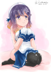 Rule 34 | 1girl, black thighhighs, blue sailor collar, blue skirt, unworn clothes, dated, gloves, gradient hair, kamio (d-rev), kantai collection, looking up, multicolored hair, one-hour drawing challenge, orange hair, purple eyes, purple hair, sailor collar, school uniform, seiza, serafuku, short hair, short hair with long locks, sidelocks, sitting, skirt, solo, thighhighs, tsushima (kancolle), twitter username, white background, white gloves