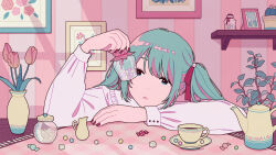 Rule 34 | 1girl, aqua hair, blue eyes, cup, flower, hair ribbon, hatsune miku, highres, long hair, long sleeves, parted lips, pink flower, pink tulip, plate, red nails, red ribbon, ribbon, shelf, shi oo, shirt, solo, sugar cube, table, teacup, teapot, tulip, twintails, vocaloid, white shirt