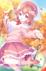 Rule 34 | 1girl, absurdres, autumn, autumn leaves, beret, boots, bow, bowtie, brown hair, cardigan, collared shirt, commission, dress shirt, flower, frilled skirt, frills, hair flower, hair ornament, hat, highres, holding, holding paintbrush, kemamire, long hair, looking at viewer, open cardigan, open clothes, open mouth, original, paintbrush, pink cardigan, pink eyes, pink flower, pink footwear, pink hat, pink skirt, red bow, red bowtie, shirt, skeb commission, skirt, smile, socks, solo, standing, standing on one leg, white shirt, white socks