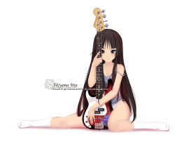 Rule 34 | 1girl, akiyama mio, alternate hairstyle, bass guitar, black eyes, black hair, blunt bangs, fender (company), fender precision bass, full body, hime cut, instrument, k-on!, lineart, long hair, looking at viewer, monochrome, open mouth, panties, simple background, smile, solo, transparent background, underwear, white background, white panties