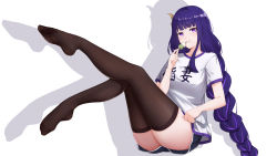 Rule 34 | 1girl, absurdres, black thighhighs, braid, closed mouth, commentary request, feet up, food, full body, genshin impact, highres, kong ting, long hair, looking at viewer, low-braided long hair, low-tied long hair, purple eyes, purple hair, raiden shogun, shadow, shirt, short shorts, short sleeves, shorts, sitting, solo, thighhighs, thighs, white shirt