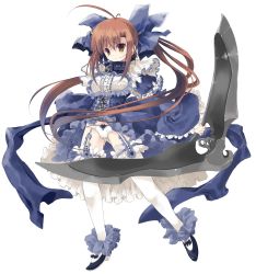 Rule 34 | 1girl, ahoge, ankle cuffs, black footwear, blue bow, blue dress, boomerang, bow, bow panties, brown hair, dress, expressionless, flower knight girl, frills, full body, garter straps, hair bow, highres, holding, long hair, looking at viewer, misumisou (flower knight girl), official art, oversized object, panties, sca di, shoes, solo, thigh strap, thighhighs, twintails, underwear, white background, white panties, white thighhighs, yellow eyes