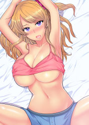 Rule 34 | 1girl, absurdres, armpits, bed sheet, blonde hair, blush, breasts, buttons, camisole, cleavage, comic, cowboy shot, geminiboar, hair ribbon, highres, large breasts, long hair, looking at viewer, lying, on back, open mouth, original, purple eyes, ribbon, short shorts, shorts, solo, spread legs, two side up, underboob