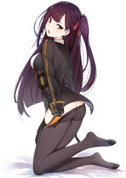 Rule 34 | 1girl, ass, black gloves, blush, breasts, clothes pull, full body, girls&#039; frontline, gloves, hair ribbon, half updo, kneeling, long hair, looking at viewer, looking back, luse maonang, medium breasts, one side up, open mouth, pantyhose, pantyhose pull, purple hair, red eyes, red ribbon, ribbon, side ponytail, simple background, solo, wa2000 (girls&#039; frontline), white background