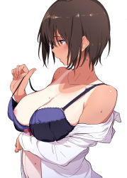 Rule 34 | 1girl, bra, breast hold, breasts, brown hair, large breasts, navel, nipples, off shoulder, open clothes, open shirt, original, shinjiro, shirt, short hair, simple background, solo, sweat, tan, tanline, underwear, white background