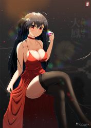 Rule 34 | 1girl, ahoge, azur lane, bare shoulders, black hair, black thighhighs, blush, breasts, chinchongcha, choker, cleavage, cocktail dress, collarbone, dress, garter straps, hair between eyes, hair ornament, highres, large breasts, long hair, looking at viewer, official alternate costume, red choker, red dress, red eyes, solo, taihou (azur lane), taihou (forbidden feast) (azur lane), thighhighs, very long hair