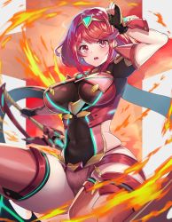Rule 34 | 1girl, aegis sword (xenoblade), artist request, black gloves, blush, breasts, chest jewel, curvy, dynamic pose, earrings, fingerless gloves, fire, gem, gloves, headpiece, highres, holding, jewelry, large breasts, looking at viewer, navel, pyra (xenoblade), red eyes, red hair, red shorts, red thighhighs, short hair, short shorts, shorts, solo, swept bangs, sword, thick thighs, thighhighs, thighs, tiara, weapon, xenoblade chronicles (series), xenoblade chronicles 2