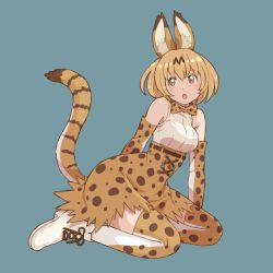 Rule 34 | 1girl, :o, animal ear fluff, animal ears, animal print, bare shoulders, blonde hair, blouse, blue background, bob cut, boots, bow, bowtie, breasts, cross-laced footwear, elbow gloves, full body, gloves, high-waist skirt, kemono friends, lace-up boots, medium breasts, open mouth, orange skirt, serval (kemono friends), serval print, serval tail, shirt, simple background, skirt, sleeveless, sleeveless shirt, solo, striped tail, tail, tail raised, tanuki koubou, thighhighs, traditional bowtie, white footwear, white shirt, yellow eyes, zettai ryouiki