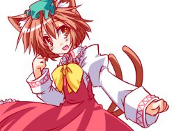 Rule 34 | 1girl, animal ears, brown hair, cat ears, cat girl, cat tail, chen, fang, female focus, hat, hemogurobin a1c, hemogurobina1c, multiple tails, open mouth, puffy sleeves, red eyes, short hair, smile, solo, tail, touhou