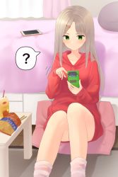 Rule 34 | 1girl, :/, ?, ankle socks, bag of chips, bed, bedroom, carpet, cellphone, chopsticks, collarbone, commentary, curtains, drawstring, expressionless, feet out of frame, game boy, game boy color, green eyes, hair ornament, hairclip, handheld game console, highres, hood, hood down, hoodie, kanpa (campagne 9), light brown hair, long hair, long sleeves, looking down, no pants, on floor, original, phone, pillow, pink socks, red hoodie, sitting, sitting on pillow, smartphone, socks, solo, spoken question mark, striped clothes, striped socks, swept bangs, table, technical difficulties, very long hair, window, wooden floor