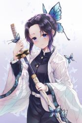Rule 34 | 1girl, absurdres, black hair, breasts, bug, butterfly, butterfly hair ornament, commentary request, hair ornament, haori, highres, holding, holding sword, holding weapon, insect, japanese clothes, kimetsu no yaiba, kochou shinobu, long sleeves, looking at viewer, medium breasts, multicolored hair, parted bangs, purple eyes, purple hair, sarika, short hair, smile, solo, sword, uniform, weapon