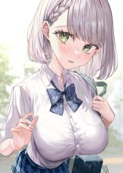 Rule 34 | 1girl, absurdres, blurry, blurry background, blush, bow, bowtie, braid, breasts, buttons, carrying, collared shirt, green eyes, grey hair, head tilt, highres, hololive, large breasts, looking at viewer, parted lips, pleated skirt, rum raisin (chihiromakita19), shirogane noel, shirogane noel (school uniform), shirt, short hair, shoulder carry, side braid, single braid, skirt, solo, translation request, virtual youtuber, white shirt