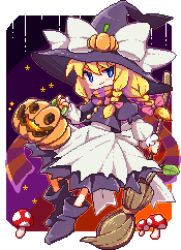 Rule 34 | 1girl, apron, back bow, black footwear, black hat, black shirt, black skirt, blonde hair, blue eyes, bow, braid, bright pupils, broom, full body, hair bow, halloween, halloween bucket, hat, hat ornament, holding, holding broom, jack-o&#039;-lantern, kirisame marisa, layered sleeves, long hair, long sleeves, looking at viewer, lowres, mushroom, orange scarf, pink bow, puffy sleeves, pumpkin, purple scarf, scarf, shirt, skirt, solo, striped clothes, striped scarf, touhou, usamata, white bow, witch hat