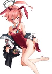 Rule 34 | 1girl, 6wol june-yugwol, absurdres, ahoge, animal ears, asymmetrical bangs, bandaid, bandaid on leg, barefoot, blue archive, bow, bowtie, braid, couch, detached collar, fake animal ears, fang, highres, jacket, leotard, looking at viewer, mole, mole under eye, neru (blue archive), neru (bunny) (blue archive), orange hair, oversized breast cup, playboy bunny, print jacket, rabbit ears, rabbit tail, red bow, red bowtie, red eyes, red leotard, single braid, solo, sukajan, tag, tail, traditional bowtie, window