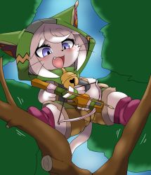 Rule 34 | arrow (projectile), blue eyes, boots, bow (weapon), breasts, cat, cat busters, crossbow, furry, highres, in tree, lintet (cat busters), nipples, open mouth, outdoors, ruishin, short hair, tree, weapon, white hair