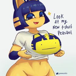 Rule 34 | . ., 1girl, absurdres, animal crossing, animal ears, ankha (animal crossing), blue eyes, blue hair, bottomless, breasts, cat ears, chibi, curvy, eyeliner, eyeshadow, furry, gammainks, half-closed eyes, highres, large breasts, looking at viewer, makeup, navel, nintendo, open mouth, out-of-frame censoring, shirt, short hair, smile, smug, sparkle, standing, white background, wide hips