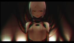 Rule 34 | 1girl, bad id, bad pixiv id, brown eyes, chromatic aberration, glados, highres, joints, personification, portal (series), portal 1, robot joints, short hair, sidelocks, solo, weyowang, white hair