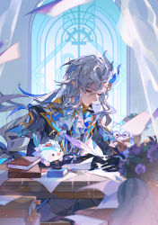 Rule 34 | 1boy, artist name, ascot, black gloves, blue hair, blue jacket, blurry, blurry foreground, book, book stack, bookmark, brooch, commentary, curtains, desk, english commentary, from behind, genshin impact, glasses, gloves, grey hair, half-closed eyes, highres, holding, holding quill, indoors, jacket, jewelry, leisurely otter (genshin impact), long hair, looking down, low-tied long hair, male focus, multicolored hair, multiple persona, neuvillette (genshin impact), office, one eye closed, otter, pointy ears, purple eyes, quill, reading, seashell, shell, sidelocks, solo, streaked hair, upper body, vase, white ascot, window, writing, yeurei