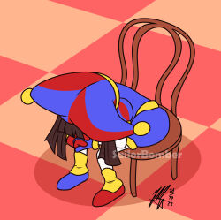 Rule 34 | 1girl, 2023, artist request, black hair, chair, dated, depressed, full body, glitch productions, gloves, hat, hat bell, jester, jester cap, meme, multicolored clothes, multicolored hat, neon genesis evangelion, parody, pomni (the amazing digital circus), shinji in a chair (meme), short hair, simple background, sitting, solo, the amazing digital circus