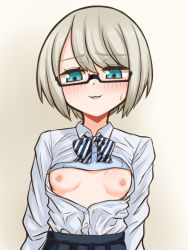 Rule 34 | 1girl, :3, black-framed eyewear, blue eyes, blush, bow, bowtie, bra, bra lift, breasts, breasts out, female focus, glasses, highres, looking down, nipples, open clothes, open mouth, open shirt, original, rountain, semi-rimless eyewear, shirt tucked in, skirt, small breasts, solo, striped bow, striped bowtie, striped clothes, suetsugu-chan (rountain), underwear, upper body