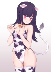 Rule 34 | 1girl, animal ears, animal print, bare arms, bare shoulders, bell, black hair, blush, brown background, brown collar, closed mouth, collar, collarbone, commentary request, covered navel, cow ears, cow girl, cow print, cow tail, gradient background, hands up, highres, jilu, leotard, long hair, looking at viewer, neck bell, original, print leotard, print thighhighs, red eyes, solo, strapless, strapless leotard, tail, thighhighs, white background