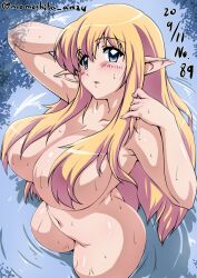 Rule 34 | 1girl, arm up, blonde hair, blush, breasts, cleavage, dated, large breasts, long hair, looking at viewer, nafta, nude, partially submerged, pointy ears, signature, solo, tiffania westwood, water, zero no tsukaima