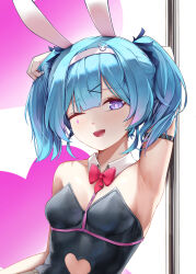 Rule 34 | 1girl, absurdres, animal ears, arm up, armpits, bare shoulders, black leotard, blue eyes, blue hair, breasts, clothing cutout, fake animal ears, fishnet pantyhose, fishnets, hair ornament, hatsune miku, heart cutout, highres, leotard, looking at viewer, one eye closed, pantyhose, playboy bunny, rabbit ears, rabbit hole (vocaloid), small breasts, smile, solo, teardrop facial mark, twintails, upper body, vocaloid, vrabius, x hair ornament